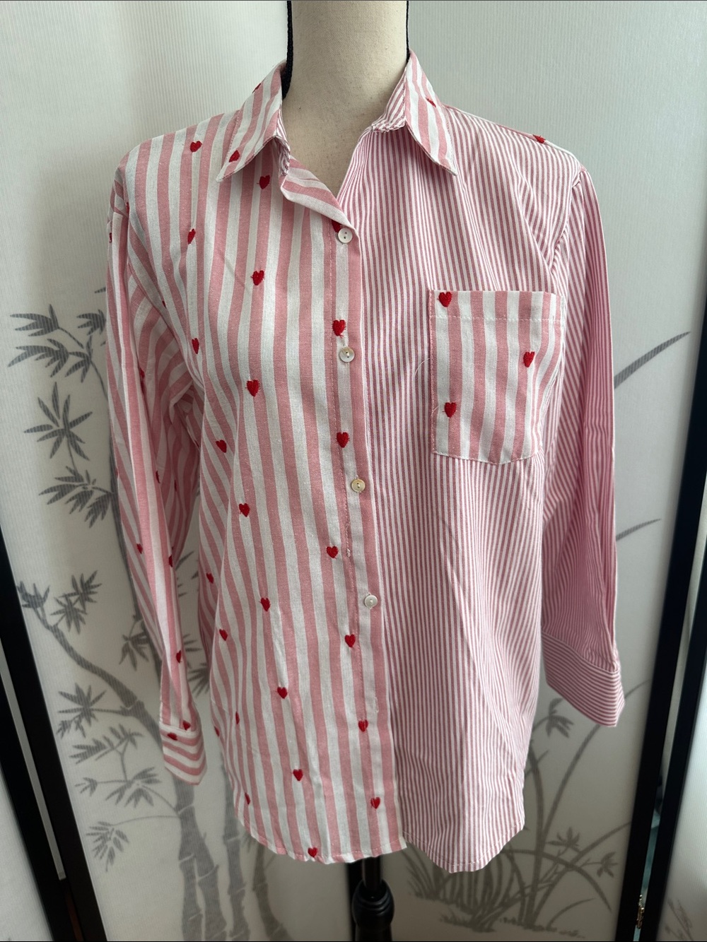 NWOT Women’s Pink Striped Button-Up Shirt with Red Heart Embroidery